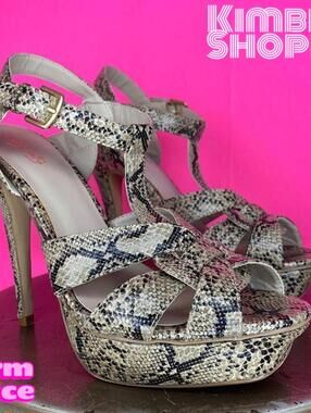 City Streets Tan Snake Print Platform Stiletto Heel Sandals US 8